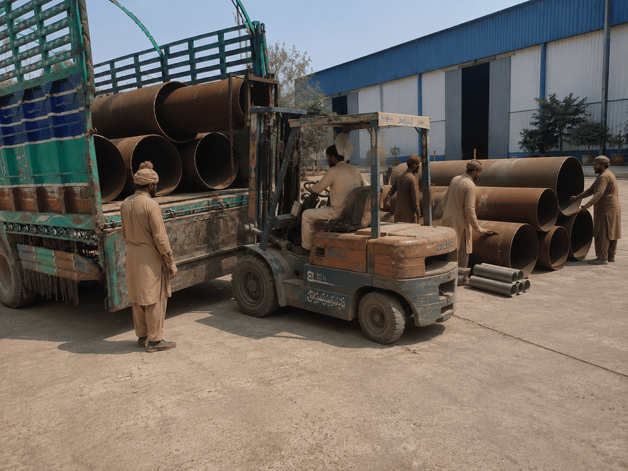 Large-bore MS pipe supply, Karachi warehouse